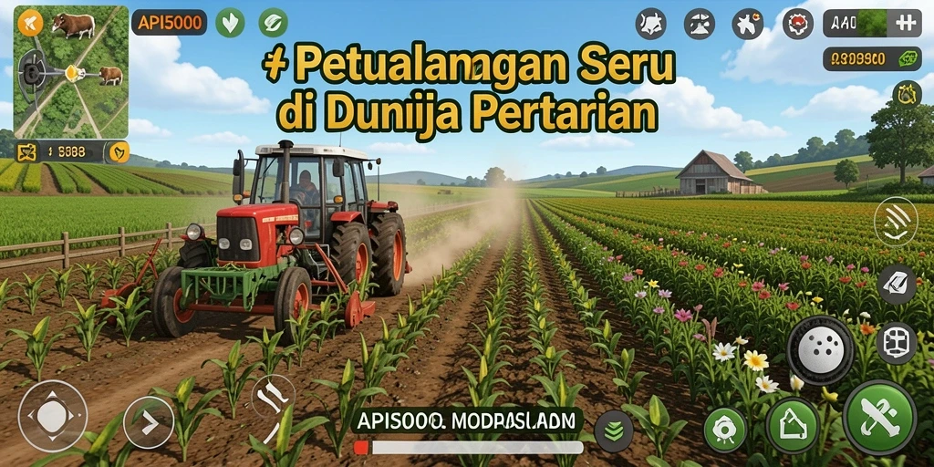 Tangkapan layar gameplay API5000 yang menampilkan ladang yang subur dan beragam aktivitas pertanian.