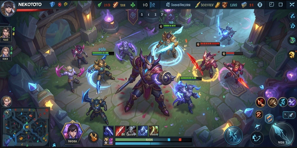 Tampilan pertarungan seru dalam gameplay NEKOTOTO MOBA.