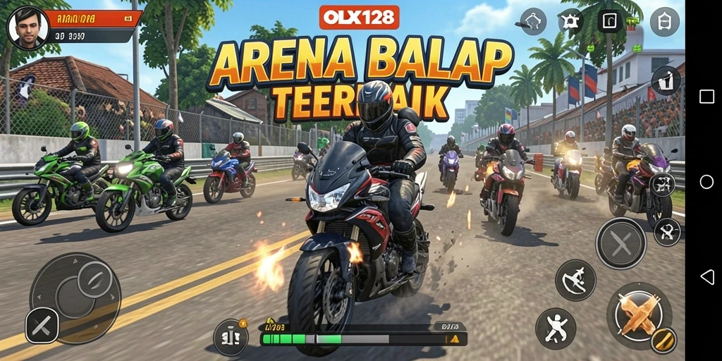 Tampilan gameplay seru dari OLX128 dengan aksi balap motor.