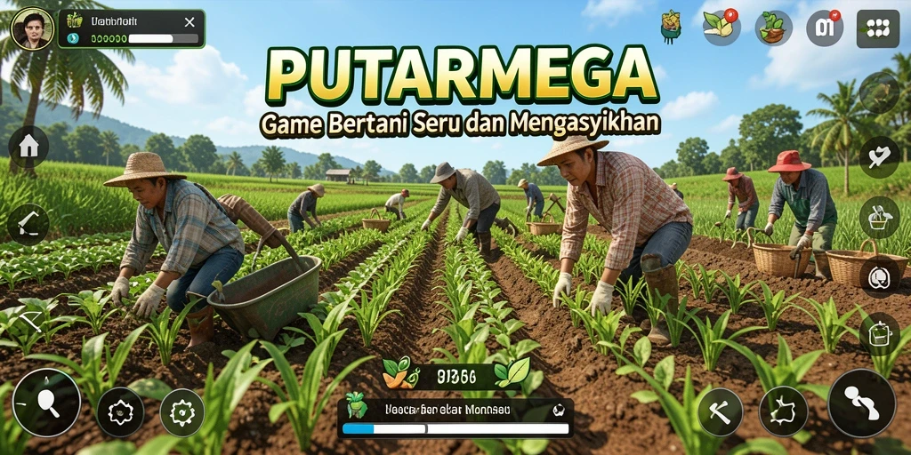 Gameplay PUTARMEGA yang seru dengan berbagai tanaman dan hewan ternak.