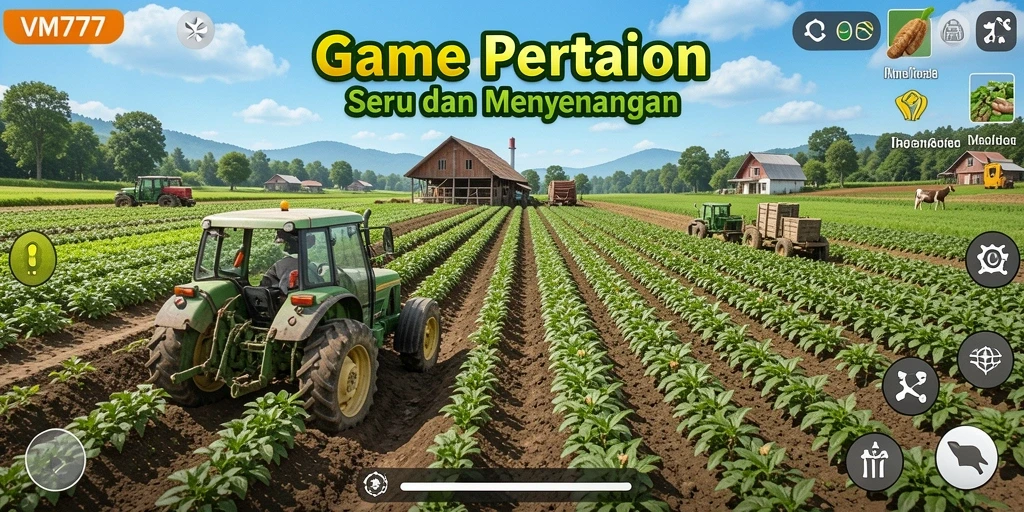 Screenshot VM777 menampilkan aktivitas pertanian yang dinamis dan interaktif.
